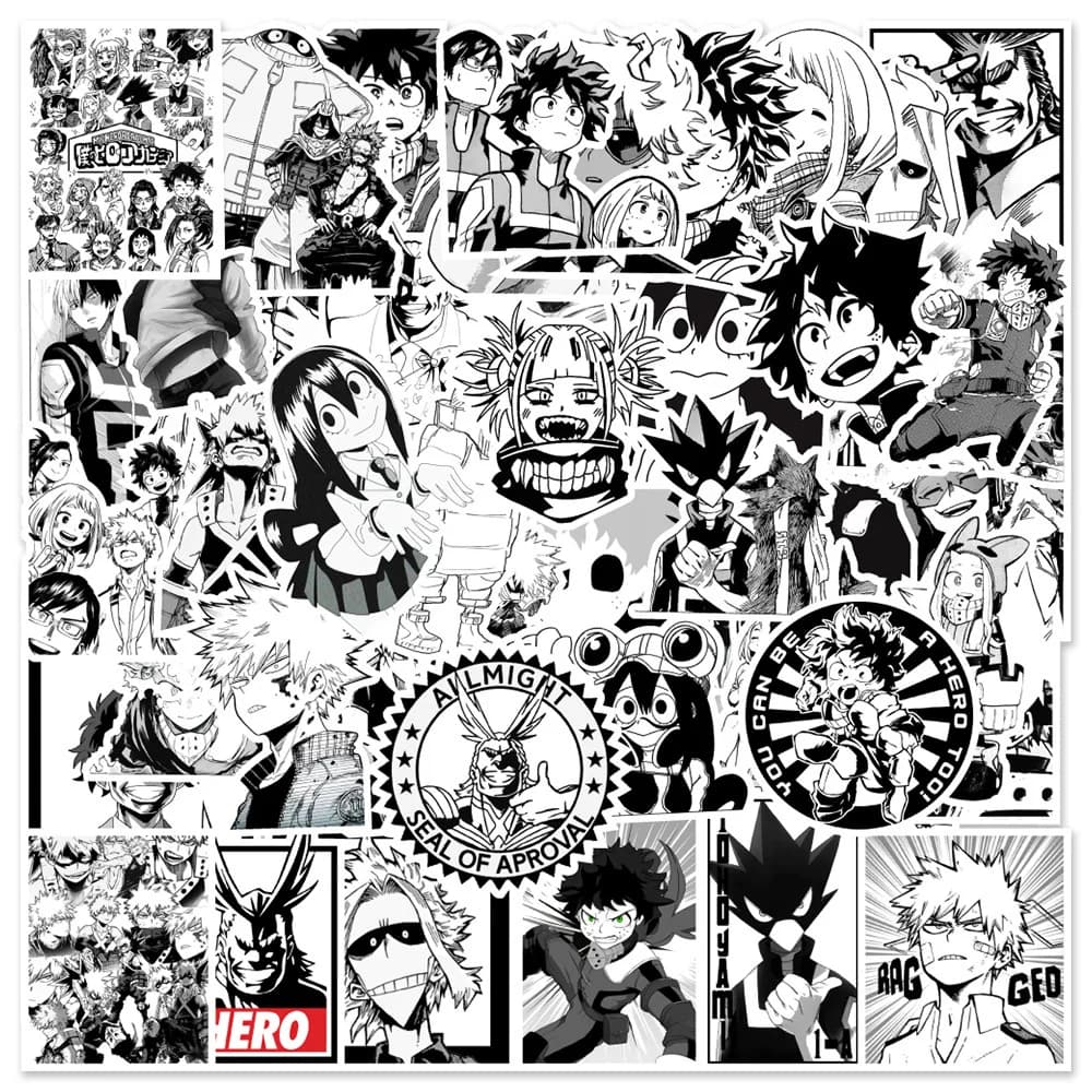 50Pcs Anime My Hero Academia Black And White Graffiti Waterproof Stickers — detail 1