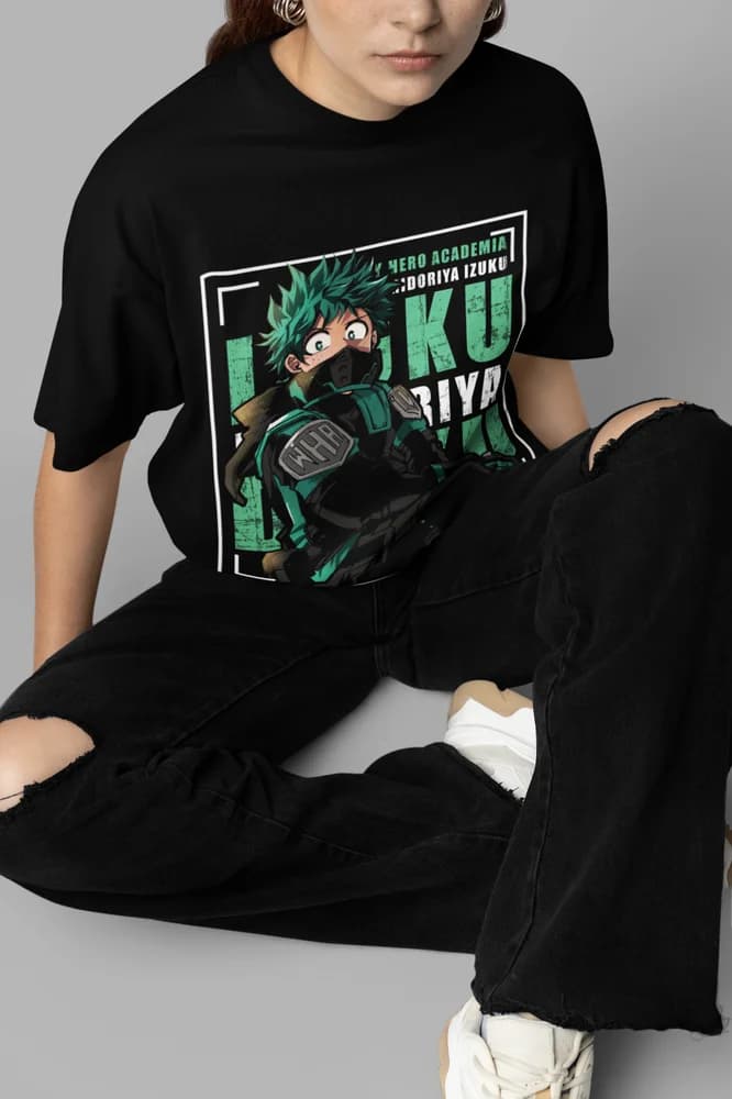 Anime My Hero Academia Izuku Midoriya Black T-Shirt — detail 2