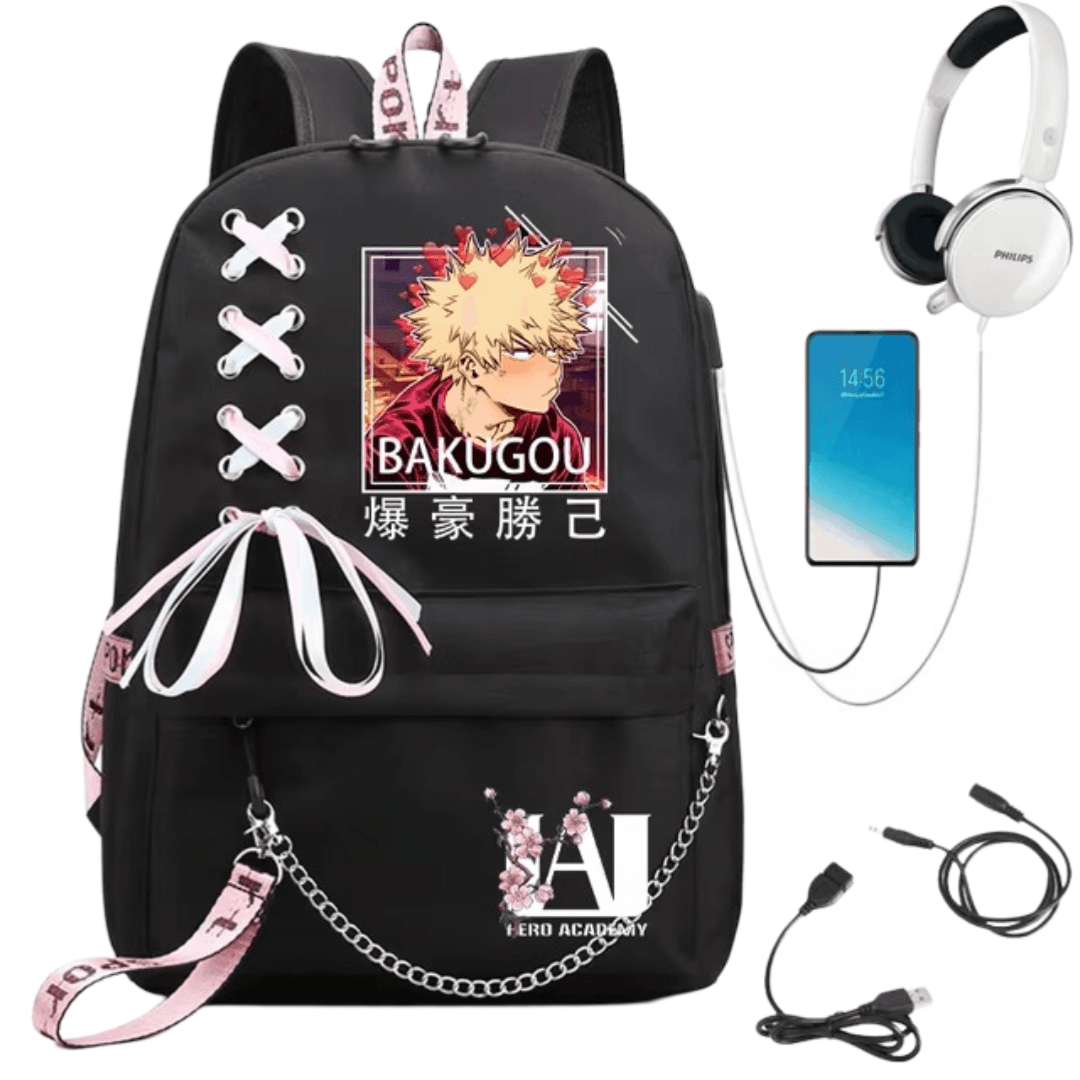 Anime My Hero Academia Katsuki Bakugo USB Port Student Backpack