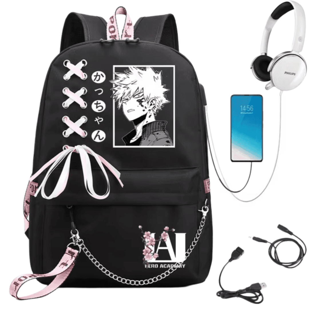 Anime My Hero Academia Katsuki Bakugo USB Port Black Backpack