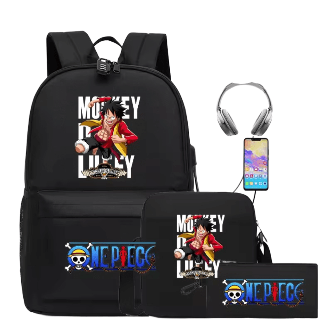 3Pcs/set Anime One Piece Monkey D. Luffy Black Recharged Backpack