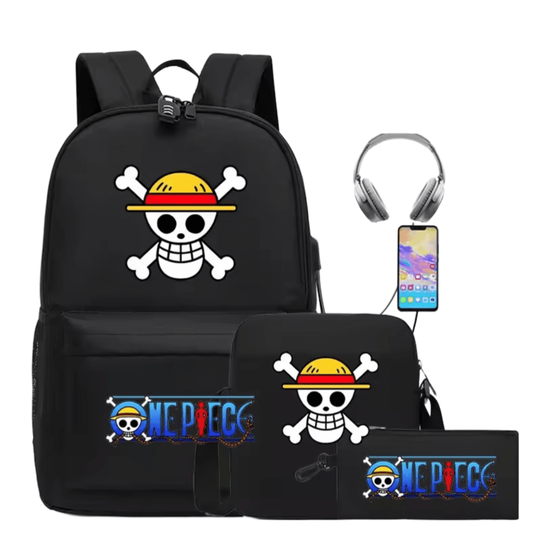 3Pcs/set Anime One Piece Straw Hat Pirates Symbol Black Recharged Backpack