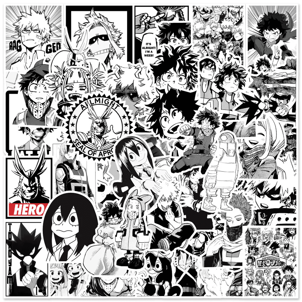 50Pcs Anime My Hero Academia Black And White Graffiti Waterproof Stickers