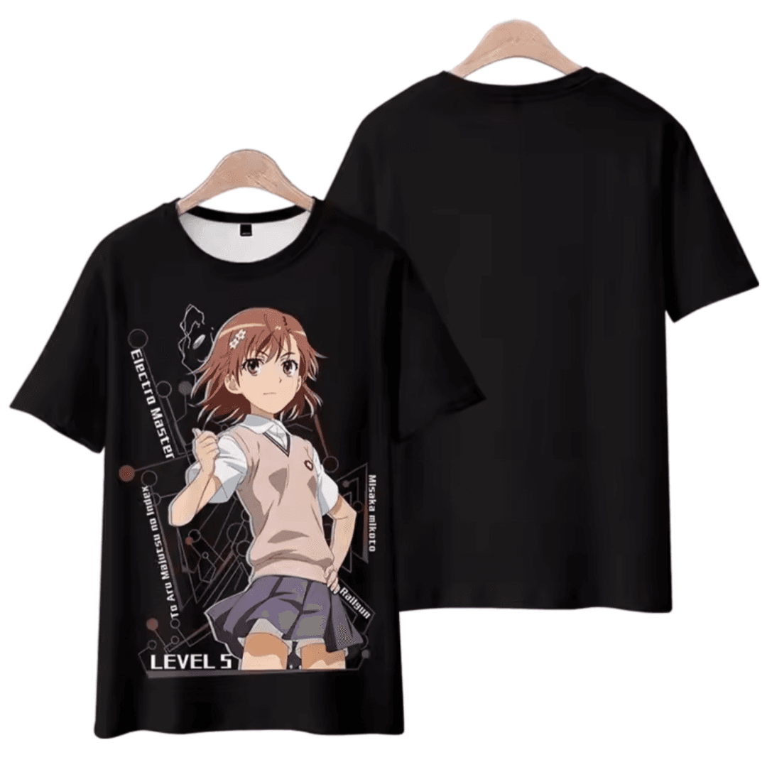 Anime A Certain Magical Index Misaka Mikoto Short Sleeve Black T-Shirt