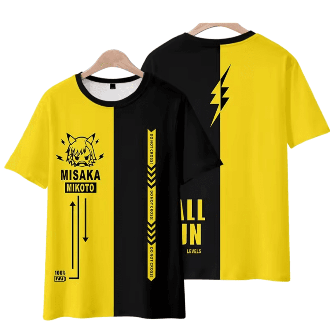 Anime A Certain Magical Index Misaka Mikoto Short Sleeve Yellow And Black T-Shirt