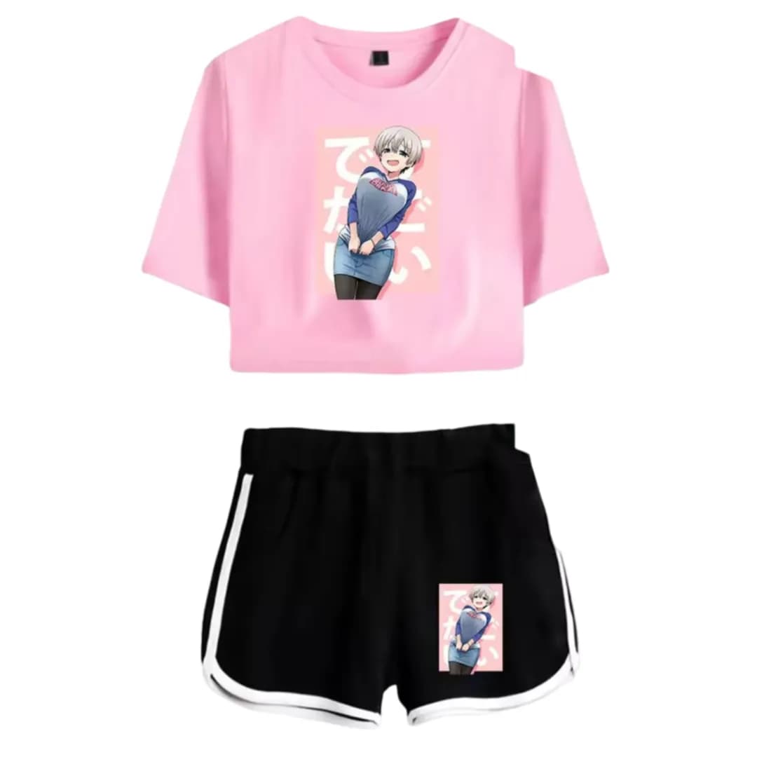 Uzaki-Chan Wants To Hang Out! Anime Hana Uzaki Pink Top And Black Shorts Set