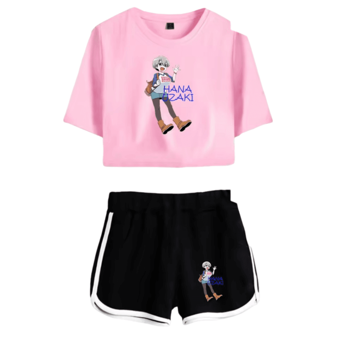Anime Uzaki-Chan Wants To Hang Out! Hana Uzaki Printed Pink Top And Black Shorts Set