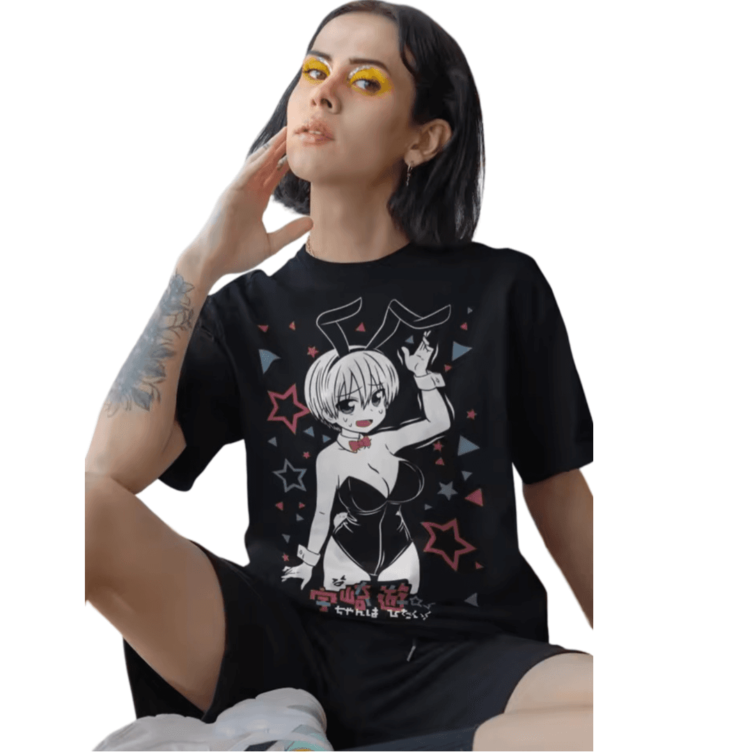Anime Uzaki-Chan Wants To Hang Out! Hana Uzaki Bunny Black T-Shirt — detail 1