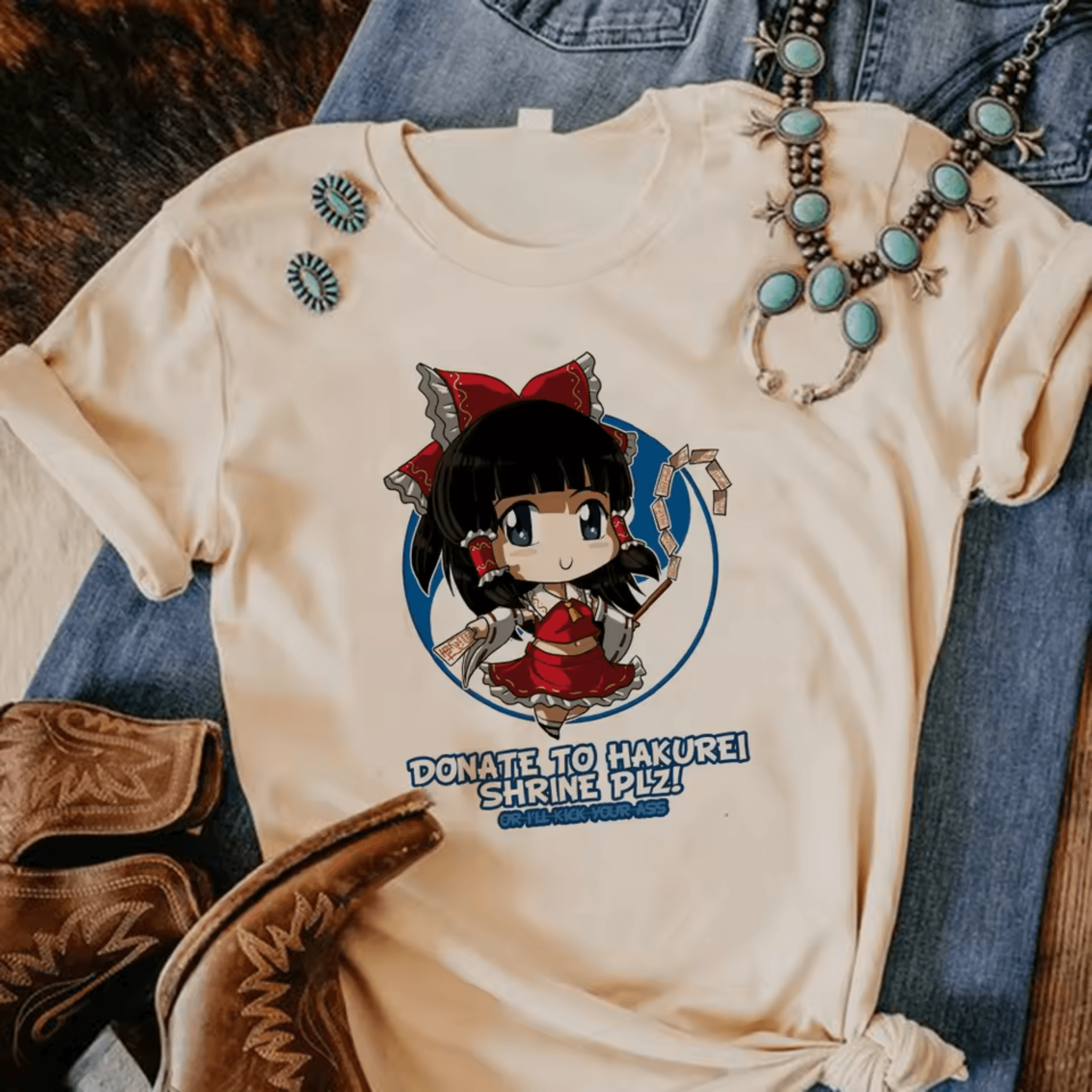 Anime Touhou Project Reimu Hakurei Print Cotton T-Shirt
