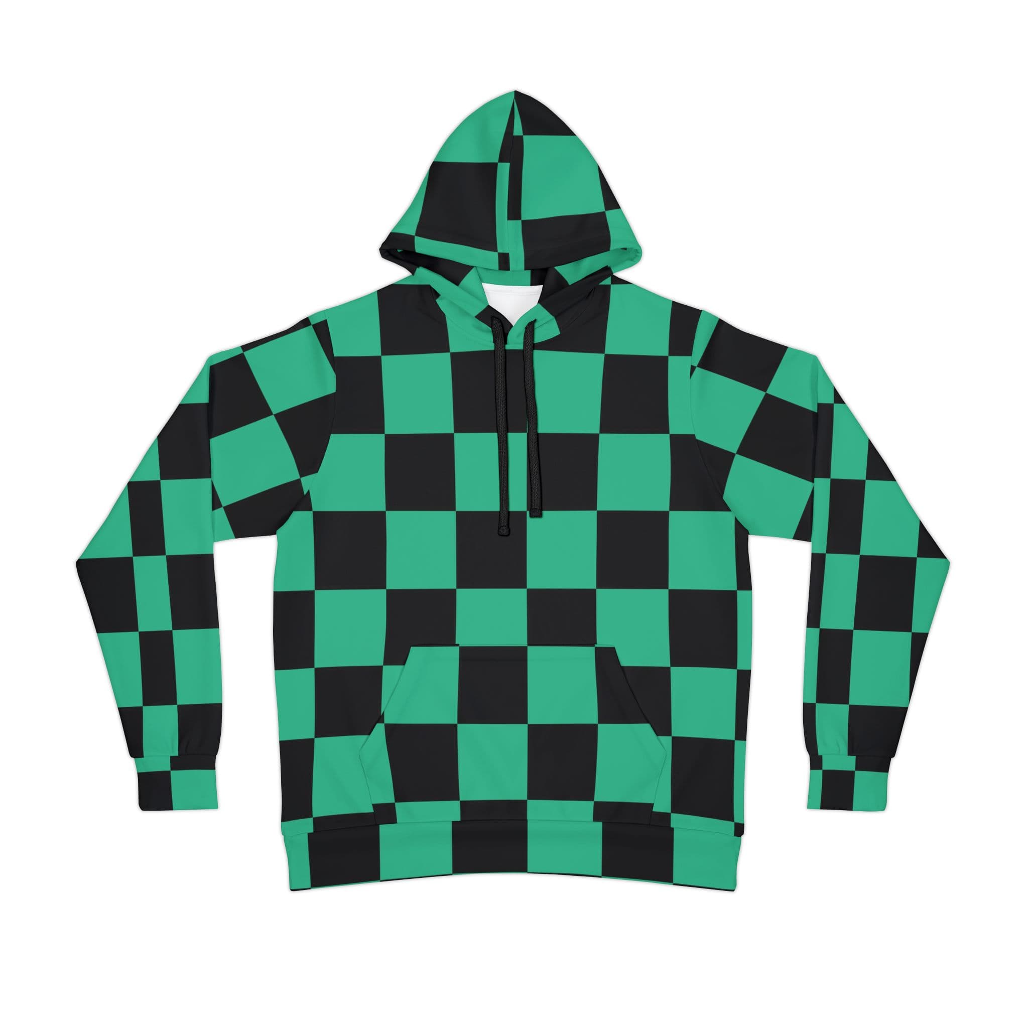 Anime Style Green Pattern Checkerboard Athletic Hoodie — Black drawstring