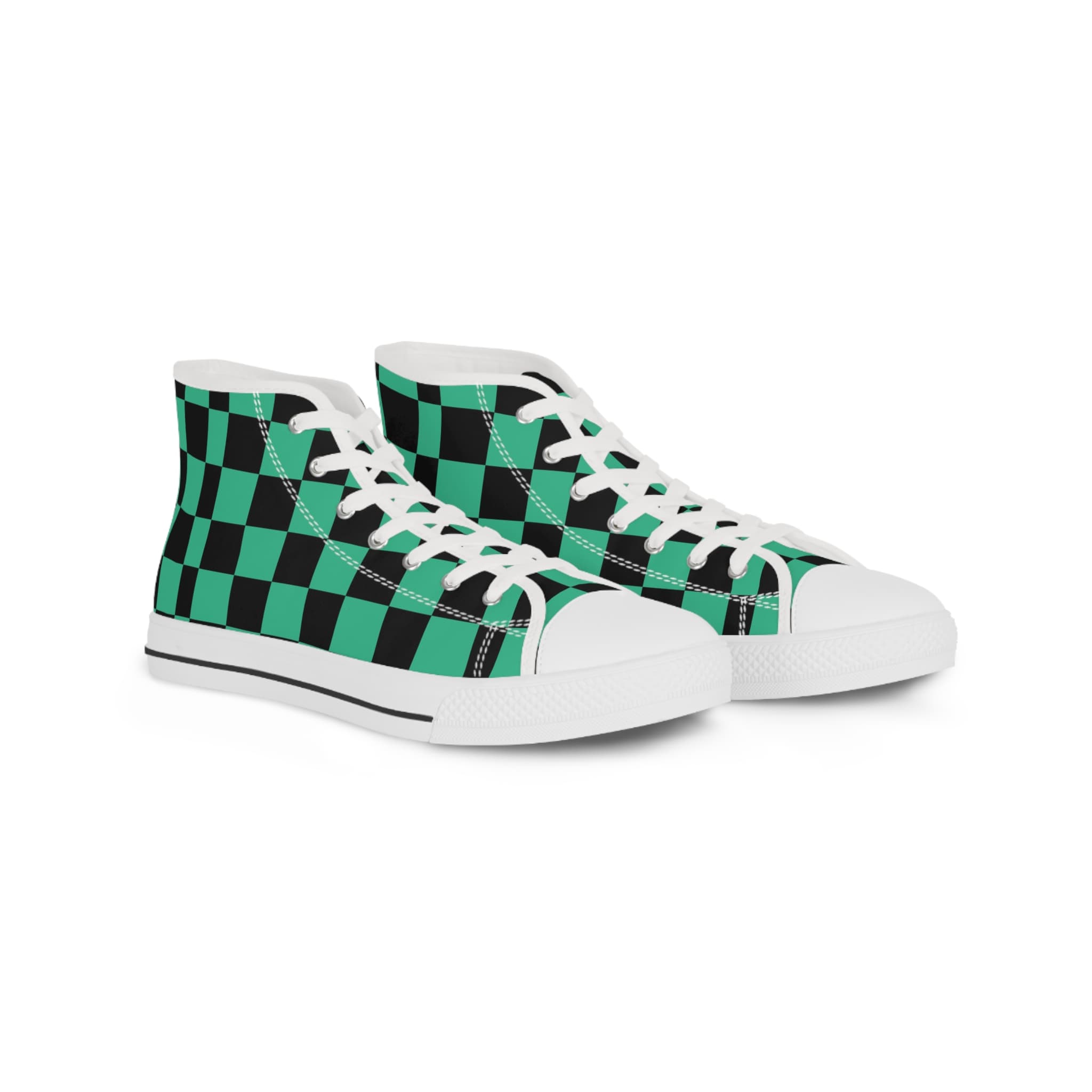 Anime Style Green Pattern Men's Checkerboard High Top Sneakers