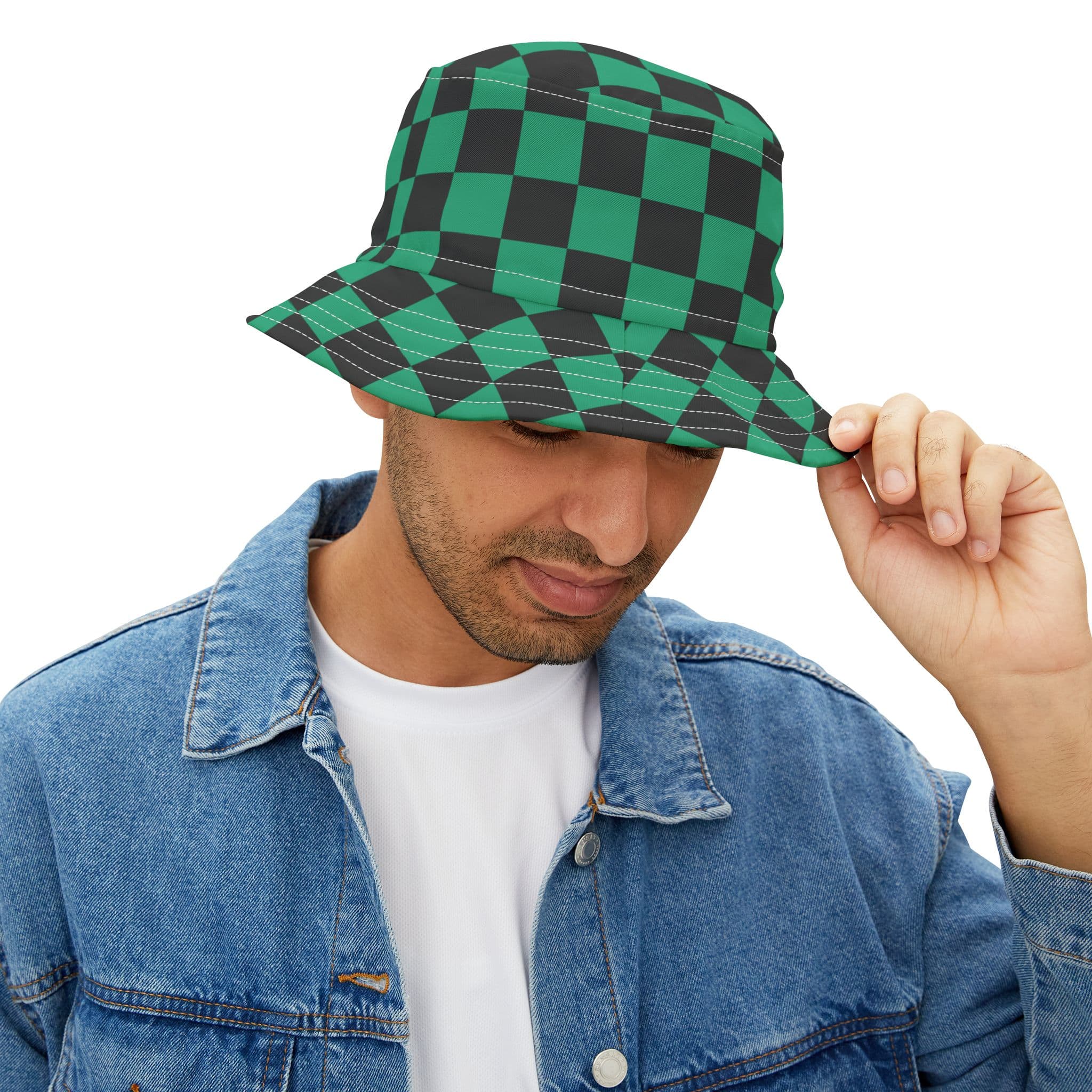 Anime Style Green Pattern Checkerboard Bucket Hat — detail 1
