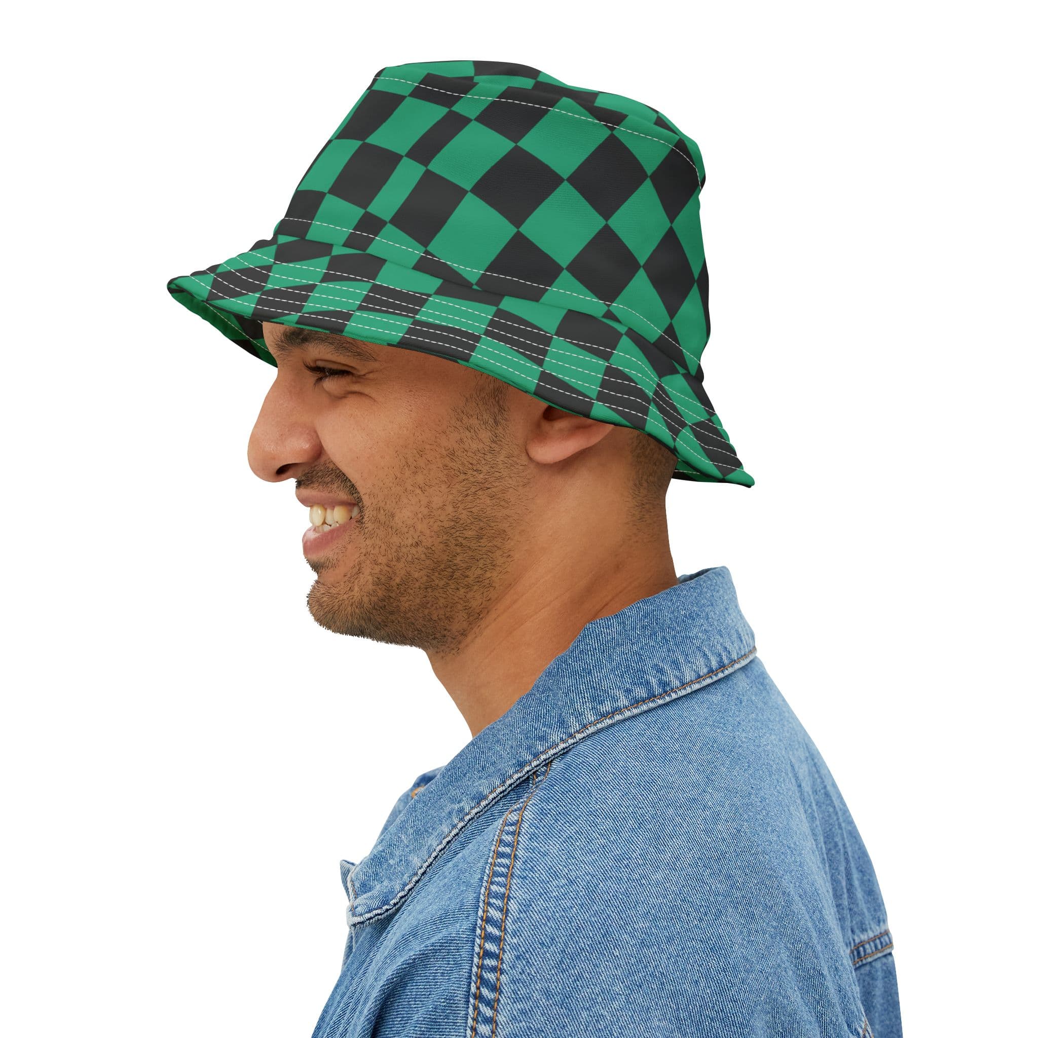 Anime Style Green Pattern Checkerboard Bucket Hat — detail 2